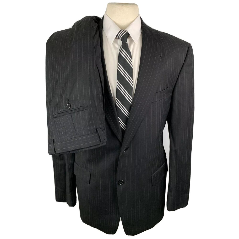 SOCIETY BRAND Mens 41L Black Striped USA Wool 2 Piece Suit W/ Dress Pants 36x30